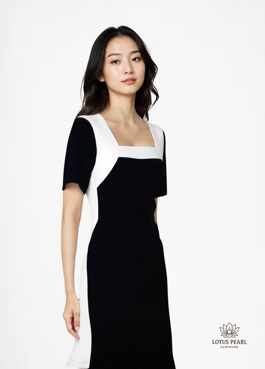 Theresa - Short Sleeve Black Midi Dress