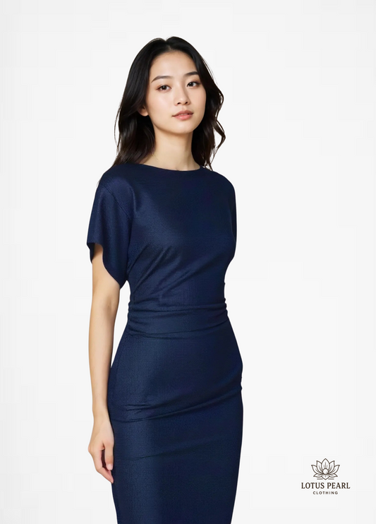 Valorie - short sleeve wide round neck slit hem dress