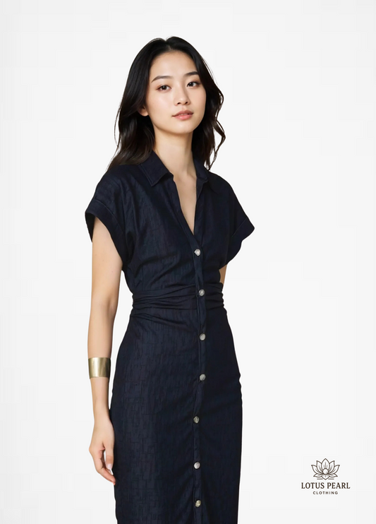 Morgane - denim midi dress with lapel side zipper