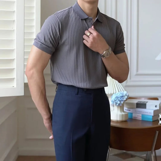 Men's Solid Color Striped Short Sleeve Polo Shirt