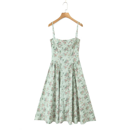 Aina - green floral print midi dress with spaghetti straps