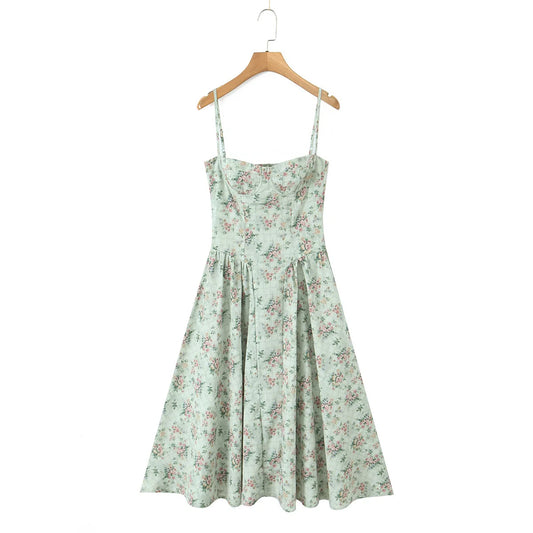 Aina - green floral print midi dress with spaghetti straps