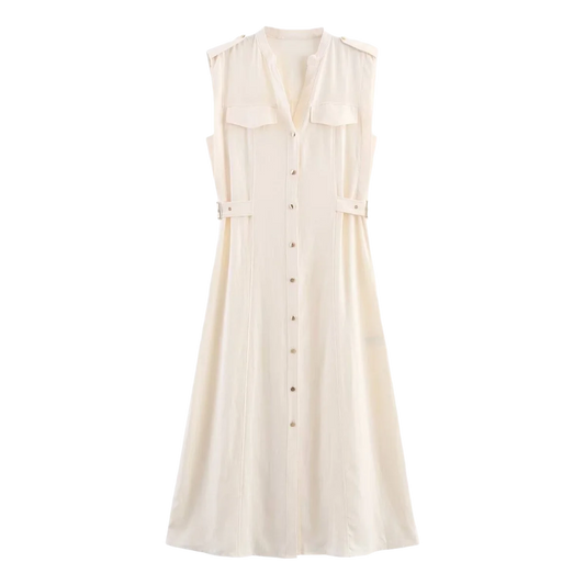 Embla - linen midi dress with a lapel collar