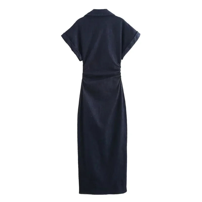 Morgane - denim midi dress with lapel side zipper