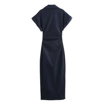 Morgane - denim midi dress with lapel side zipper