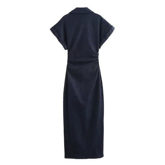 Morgane - denim midi dress with lapel side zipper