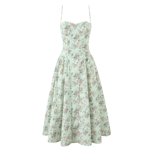 Aina - green floral print midi dress with spaghetti straps