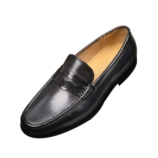 Men's Luxury Genuine Leather Slip On Black Penny Loafers