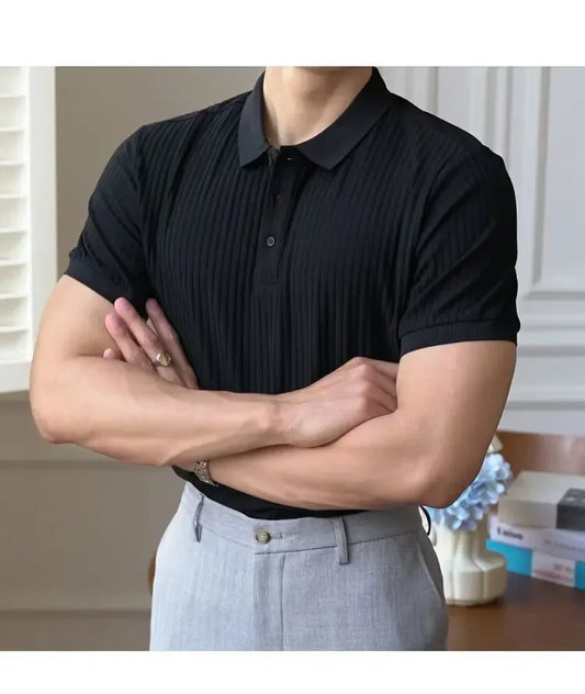 Men's Solid Color Striped Short Sleeve Polo Shirt