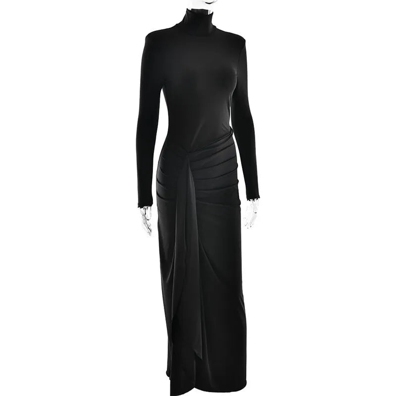 Silvia - A long-sleeve, turtleneck maxi dress with a thigh-high split