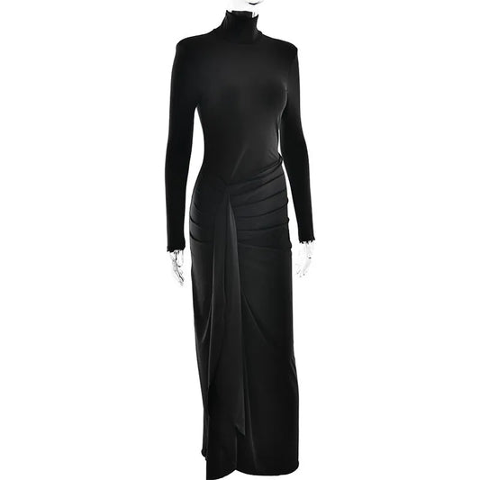 Silvia - A long-sleeve, turtleneck maxi dress with a thigh-high split