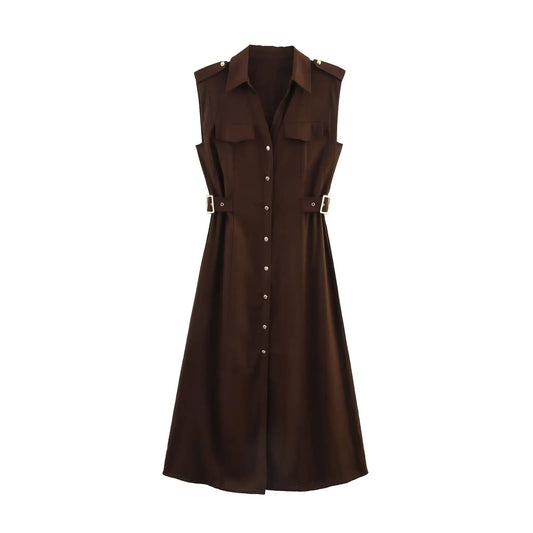 Embla - linen midi dress with a lapel collar