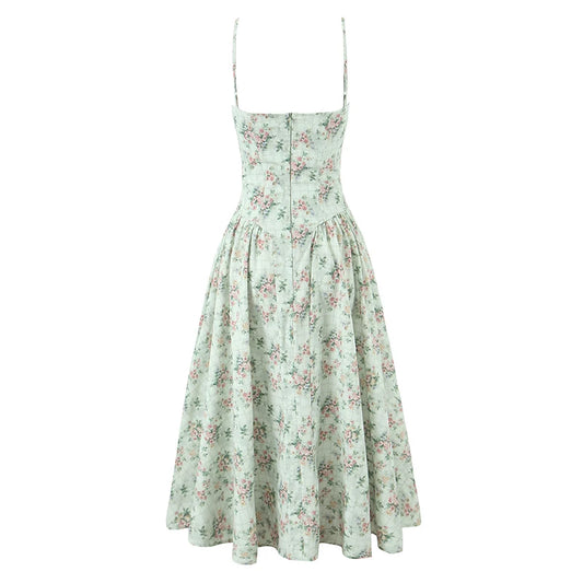 Aina - green floral print midi dress with spaghetti straps