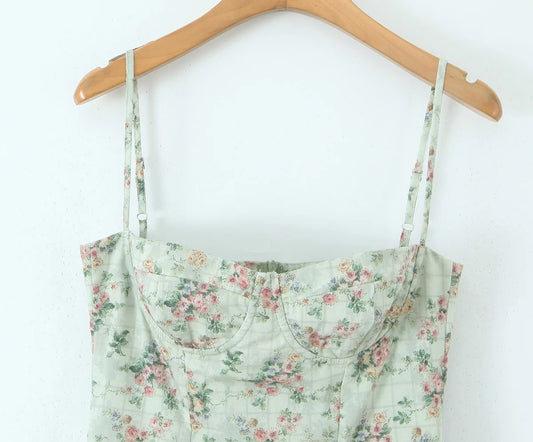 Aina - green floral print midi dress with spaghetti straps