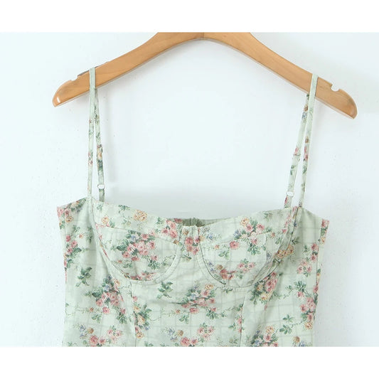 Aina - green floral print midi dress with spaghetti straps