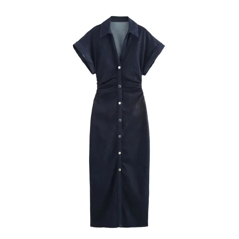 Morgane - denim midi dress with lapel side zipper