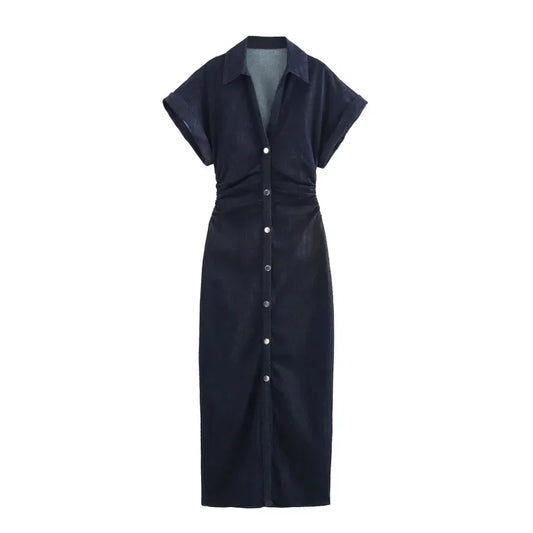 Morgane - denim midi dress with lapel side zipper