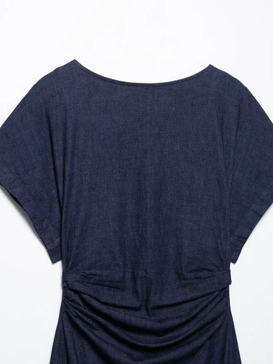 Valorie - short sleeve wide round neck slit hem dress