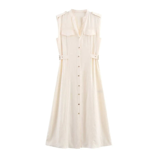 Embla - linen midi dress with a lapel collar