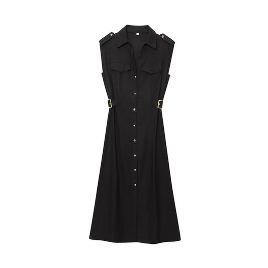 Embla - linen midi dress with a lapel collar