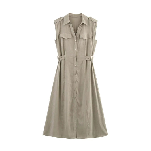 Embla - linen midi dress with a lapel collar