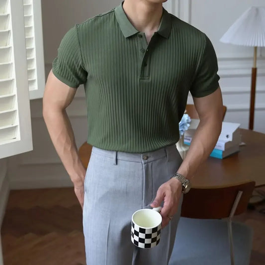 Men's Solid Color Striped Short Sleeve Polo Shirt