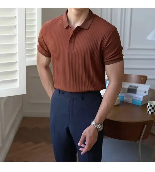 Men's Solid Color Striped Short Sleeve Polo Shirt