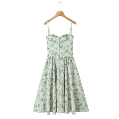 Aina - green floral print midi dress with spaghetti straps