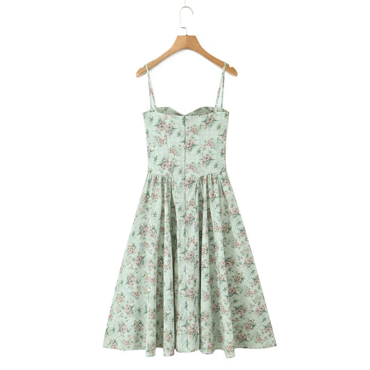 Aina - green floral print midi dress with spaghetti straps