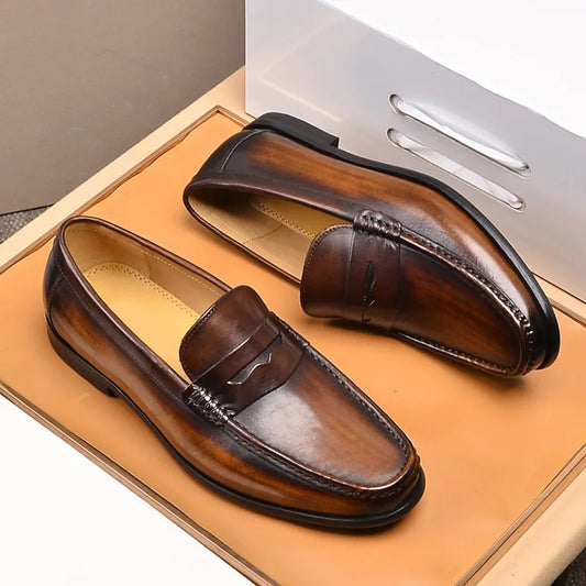 Men's Luxury Genuine Leather Slip On Black Penny Loafers