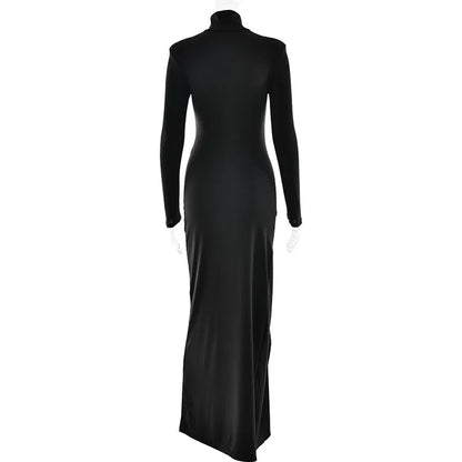 Silvia - A long-sleeve, turtleneck maxi dress with a thigh-high split