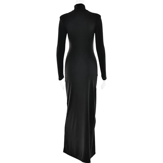 Silvia - A long-sleeve, turtleneck maxi dress with a thigh-high split