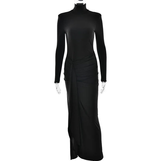 Silvia - A long-sleeve, turtleneck maxi dress with a thigh-high split