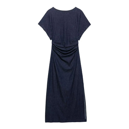 Valorie - short sleeve wide round neck slit hem dress