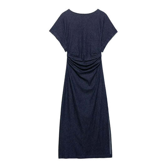 Valorie - short sleeve wide round neck slit hem dress