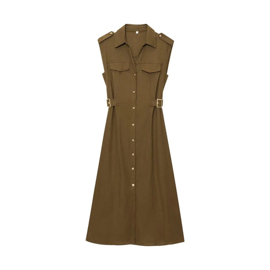 Embla - linen midi dress with a lapel collar