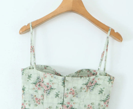 Aina - green floral print midi dress with spaghetti straps