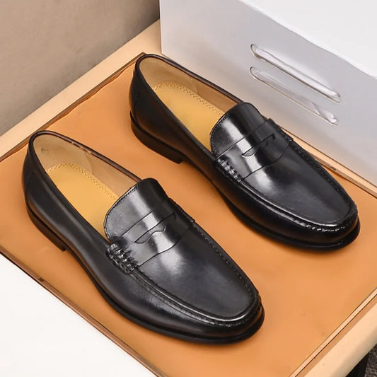 Men's Luxury Genuine Leather Slip On Black Penny Loafers
