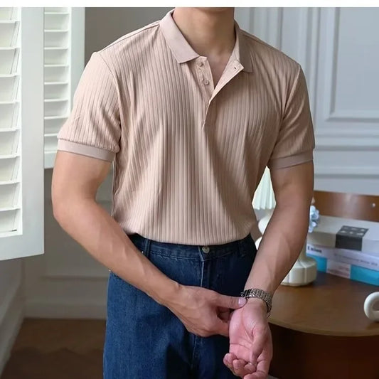 Men's Solid Color Striped Short Sleeve Polo Shirt