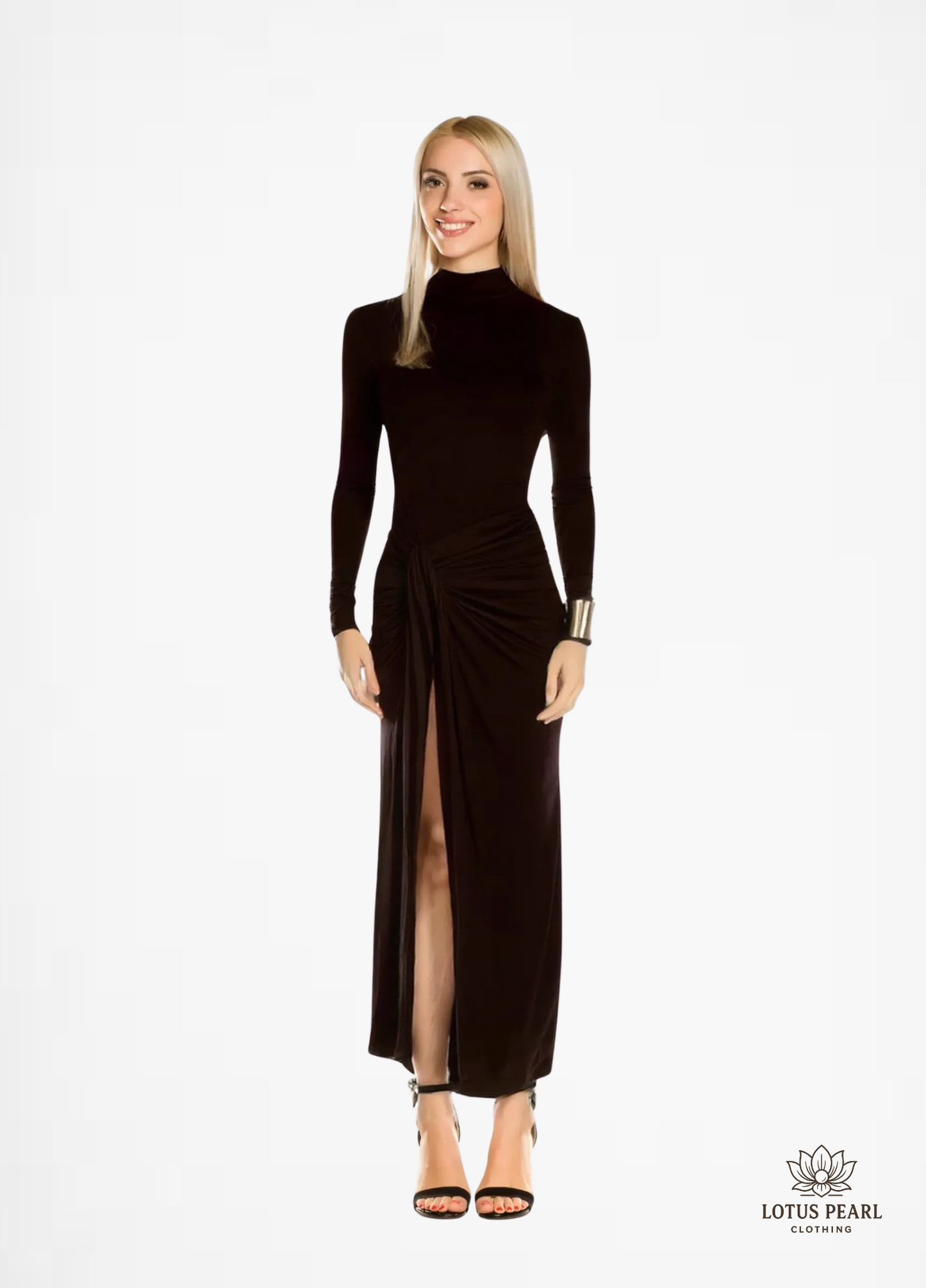 Silvia - A long-sleeve, turtleneck maxi dress with a thigh-high split