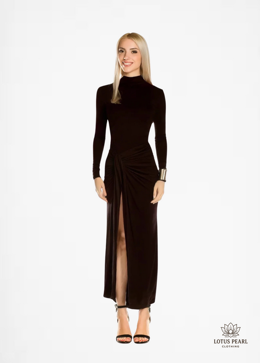 Silvia - A long-sleeve, turtleneck maxi dress with a thigh-high split