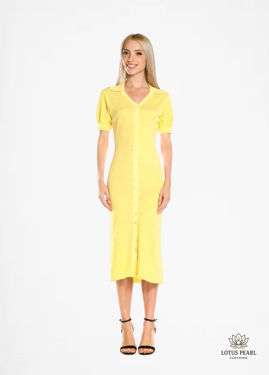 Hedvig - knit dress with puff sleeves, V-neck, button front, and high
