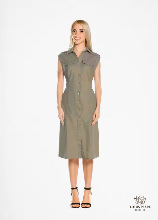 Embla - linen midi dress with a lapel collar