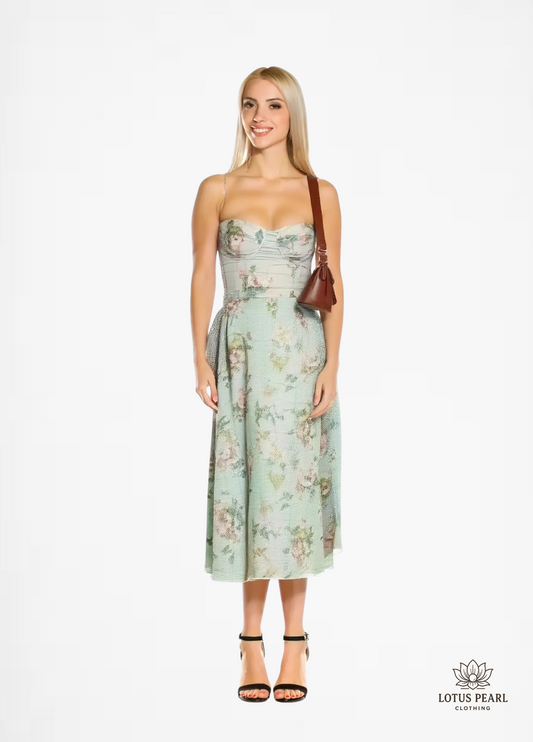 Aina - green floral print midi dress with spaghetti straps