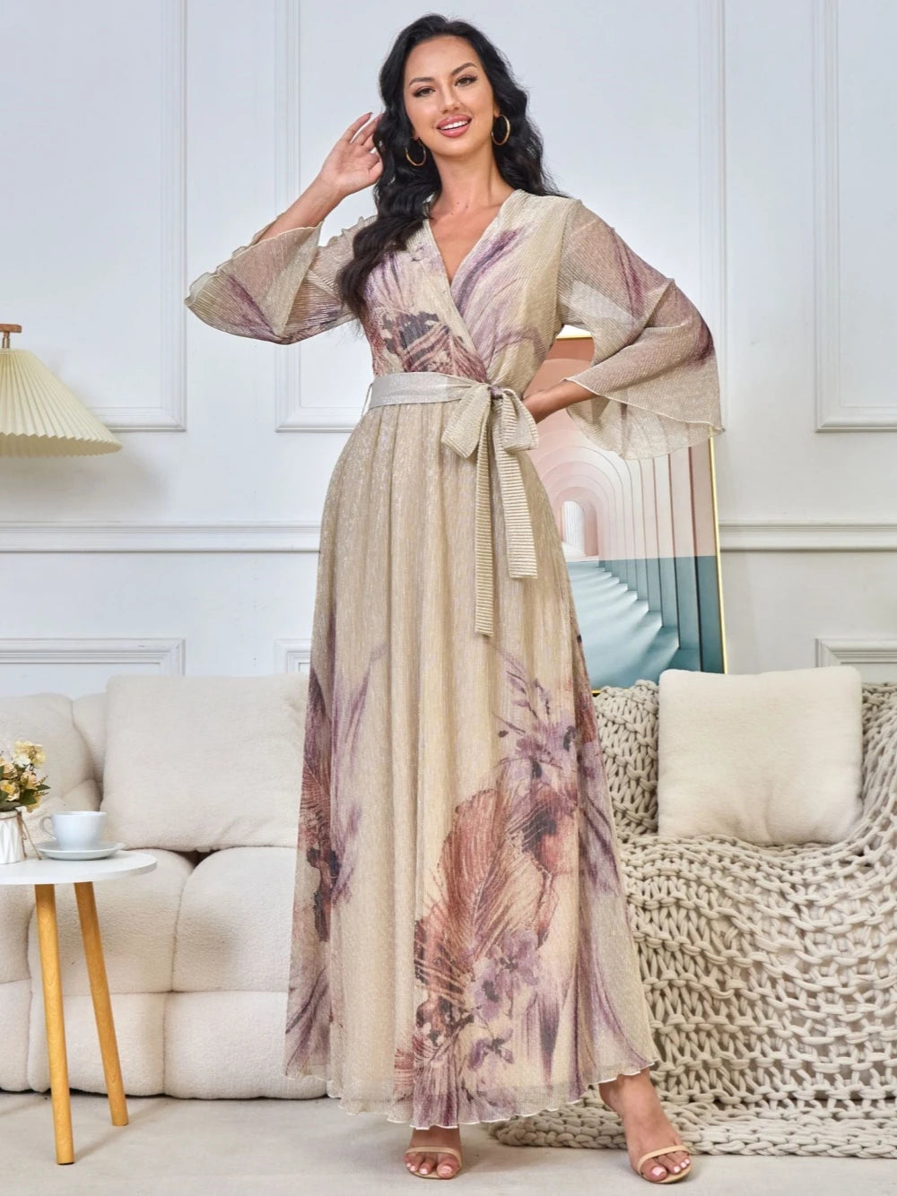 Martha - Elegant V Neck Evening A Line Dubai Robe Kaftan Dress - Lotus Pearl Clothing,  -  []