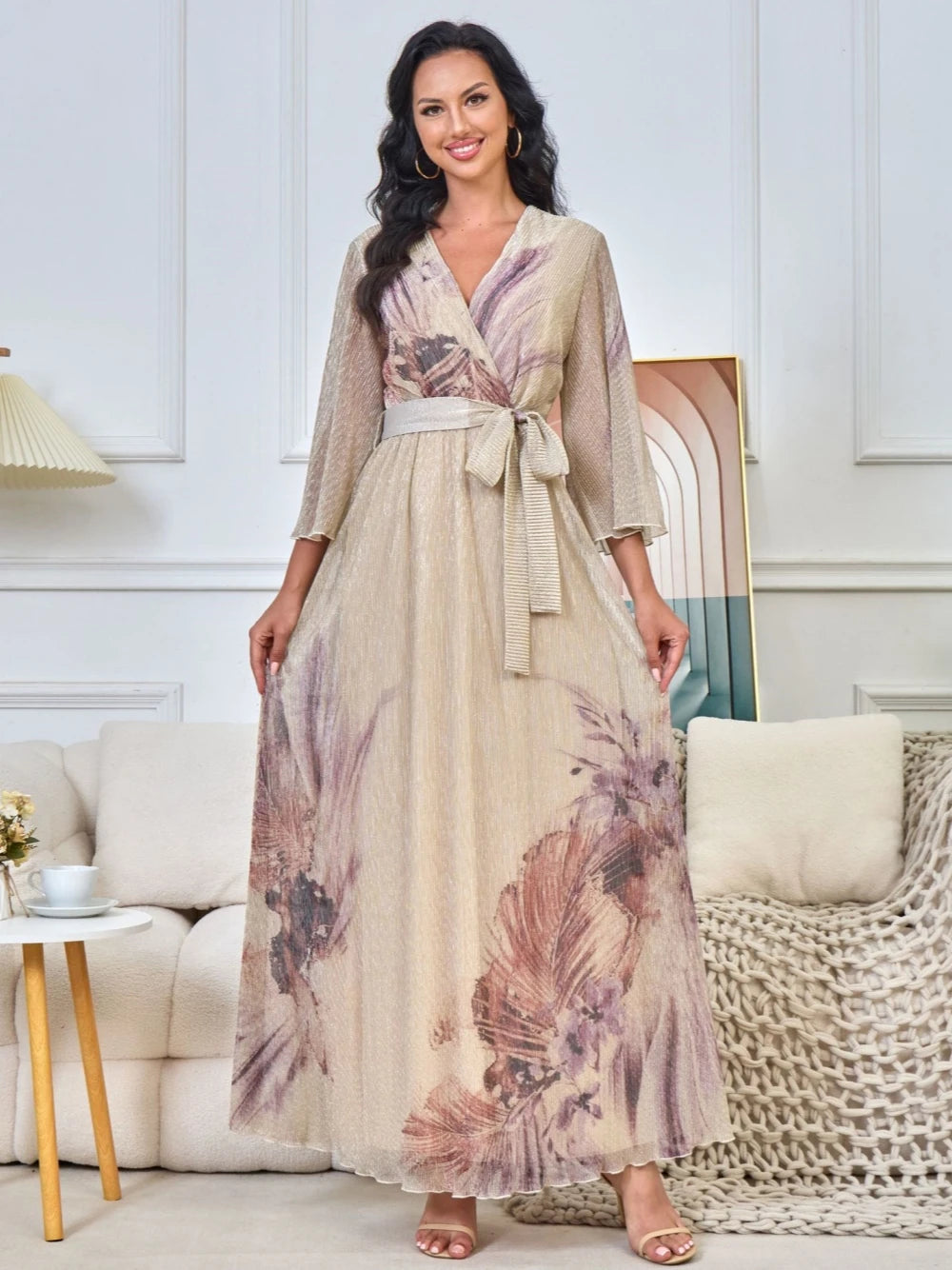Martha - Elegant V Neck Evening A Line Dubai Robe Kaftan Dress - Lotus Pearl Clothing,  -  []