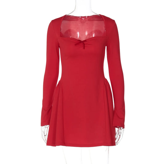 Katie - Dulzura Slit Long Flare Sleeves Patchwork A-Line Mini Dress - Lotus Pearl Clothing,  -  []