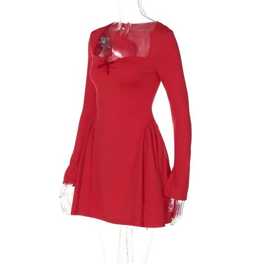 Katie - Dulzura Slit Long Flare Sleeves Patchwork A-Line Mini Dress - Lotus Pearl Clothing,  -  []