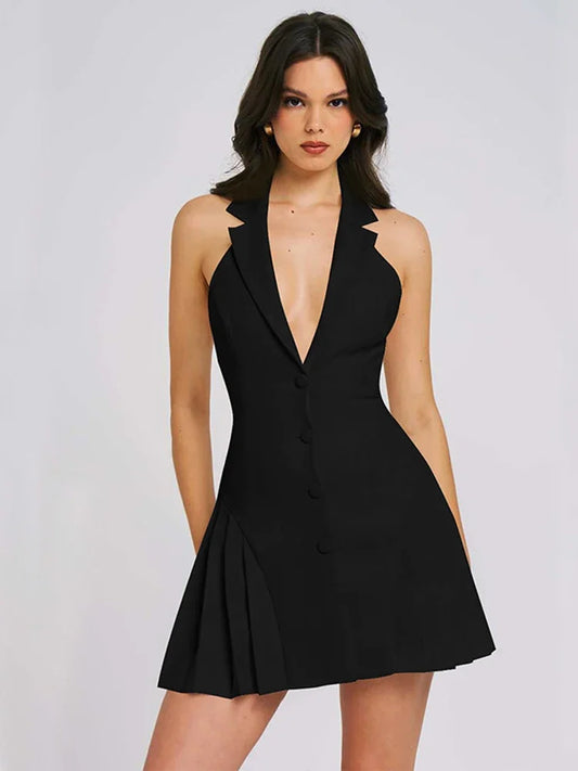 Cassandra -  Single Breasted V Neck Ruffles Mini Pleated Dress - Lotus Pearl Clothing,  -  []