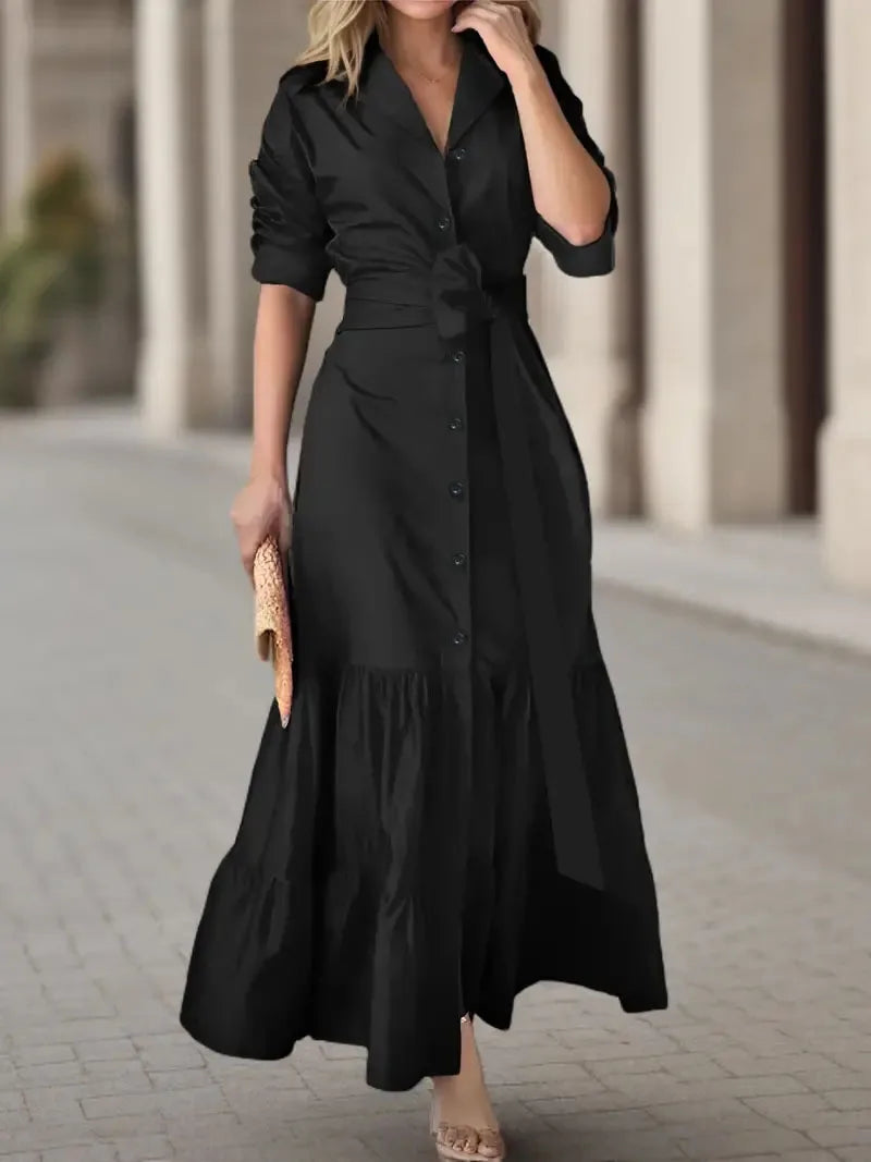 Tomma - Elegant Solid Long-sleeved Shirt Boho Style Maxi Dress - Lotus Pearl Clothing,  -  []